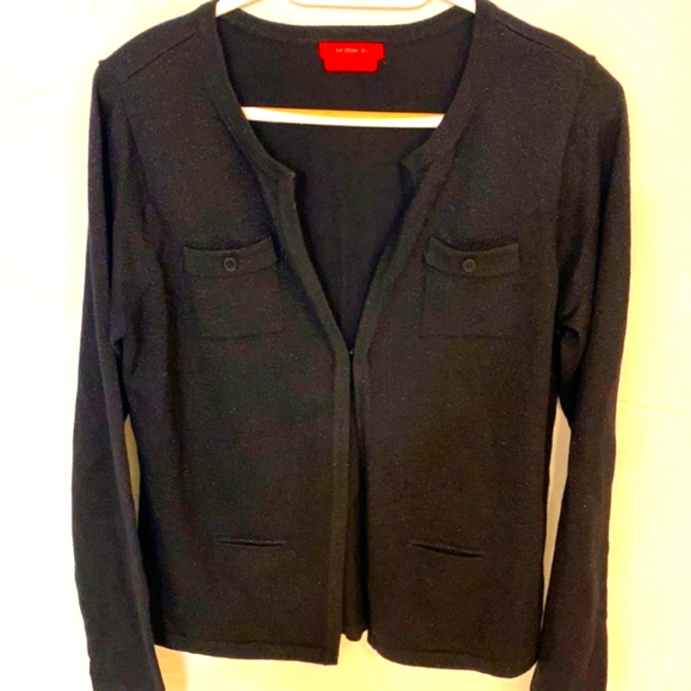 Dorothee‎ Bis Cardigan Black shimmer Pockets Hook Size Large